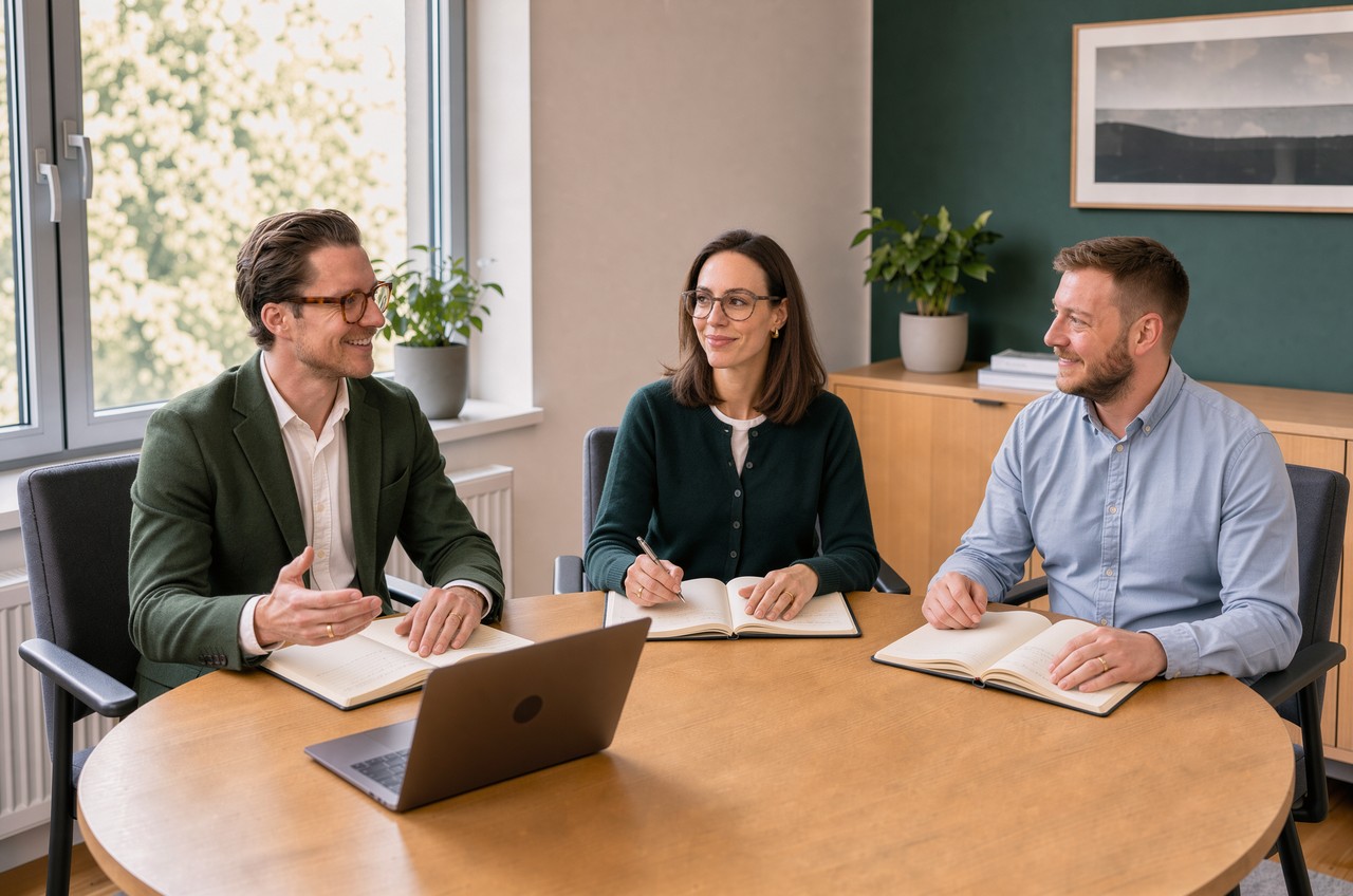 Felix Burri, Stéphanie Burri und Pierfrancesco Mauro bei einer gemeinsamen Besprechung